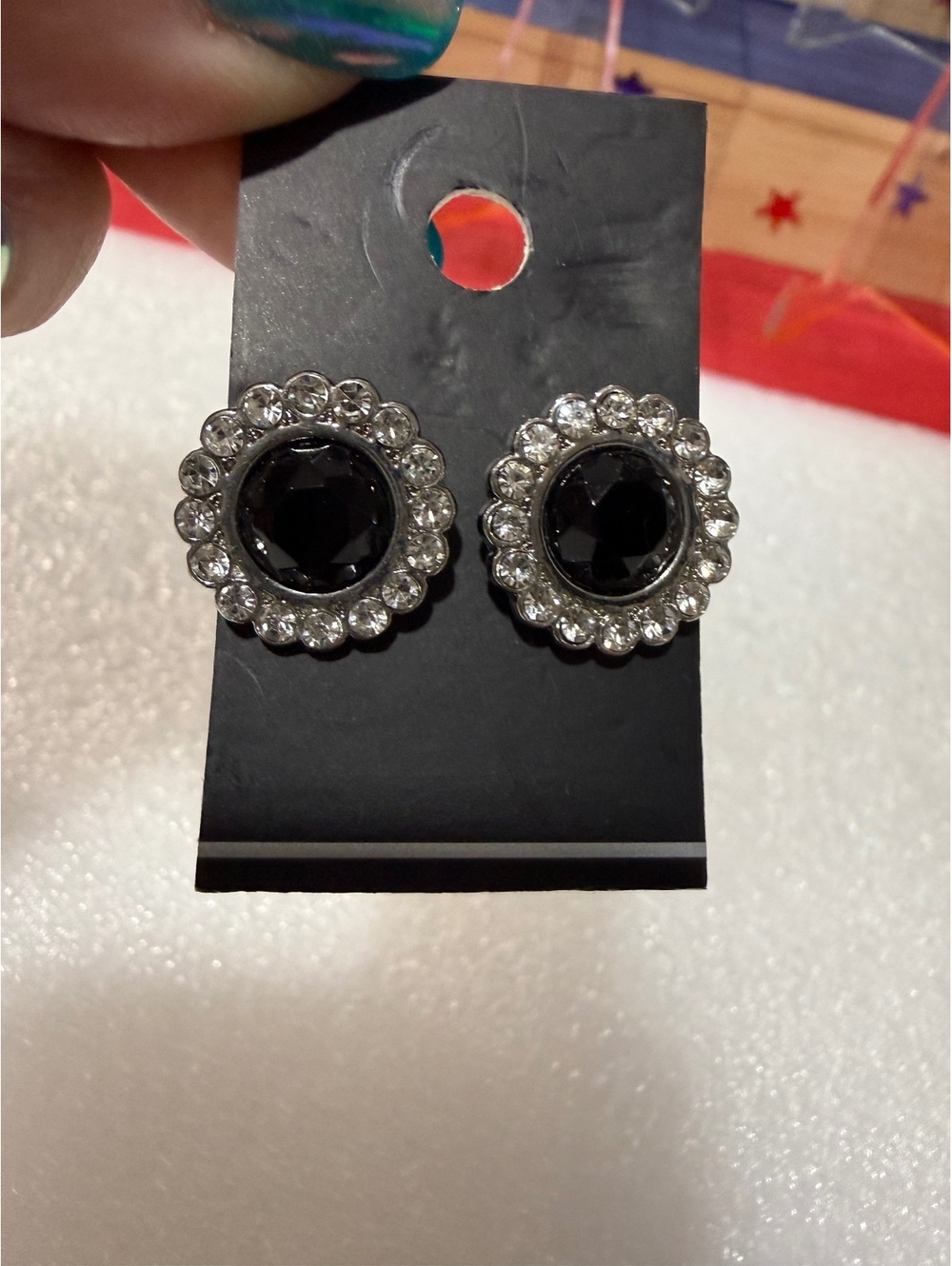 Black Round Rhinestone Halo Stud Earrings Silver Tone Statement Jewelry